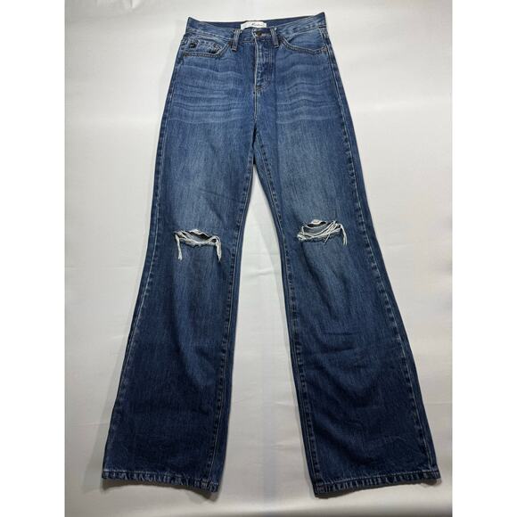 Kancan Women's Wide Straight Leg Distressed Blue Denim Jeans - Size 5 (28x33) - Picture 1 of 6
